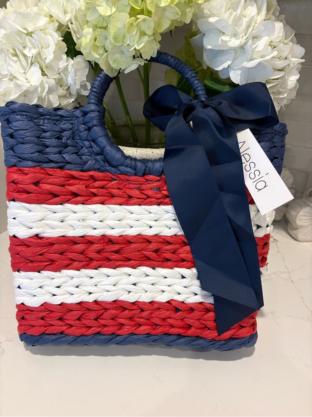 Alessia  Navy, Red & White Striped Woven Tote with Bow
